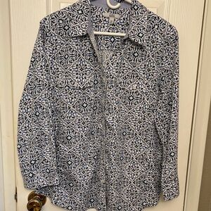Croft & Barrow Blue and White Patterned Button-Up 3/4 Sleeve Blouse XXL